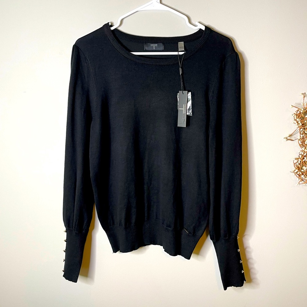 NWT TAHARI blouse black with gold buttons at the bottom of sleeves